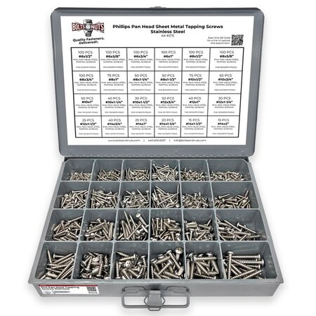 Boltsandnuts.Com Stainless Phillips Pan Head Sheet Metal Self Tapping Screws Assortment - 1396 PCS Assortment Kit #375
